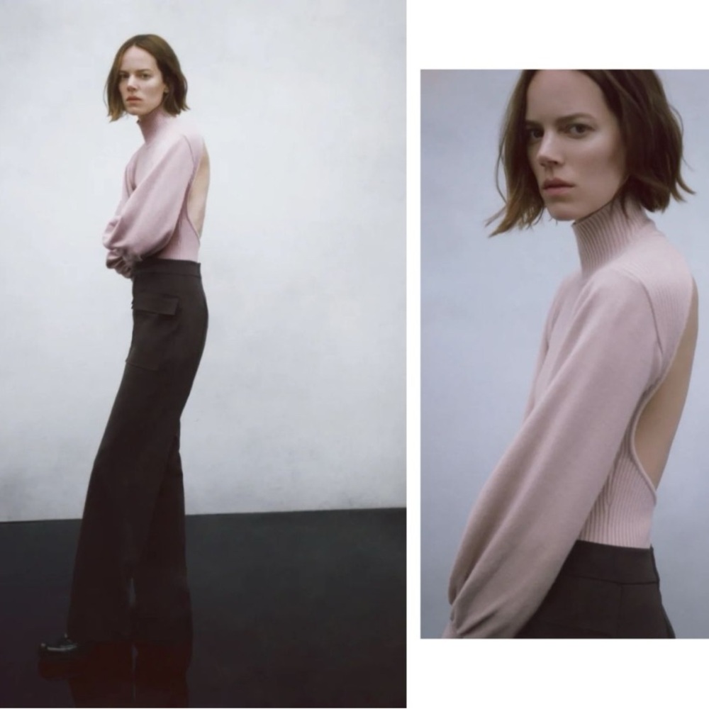 Pink Open-Back Knit Turtleneck Sweater BodySuit